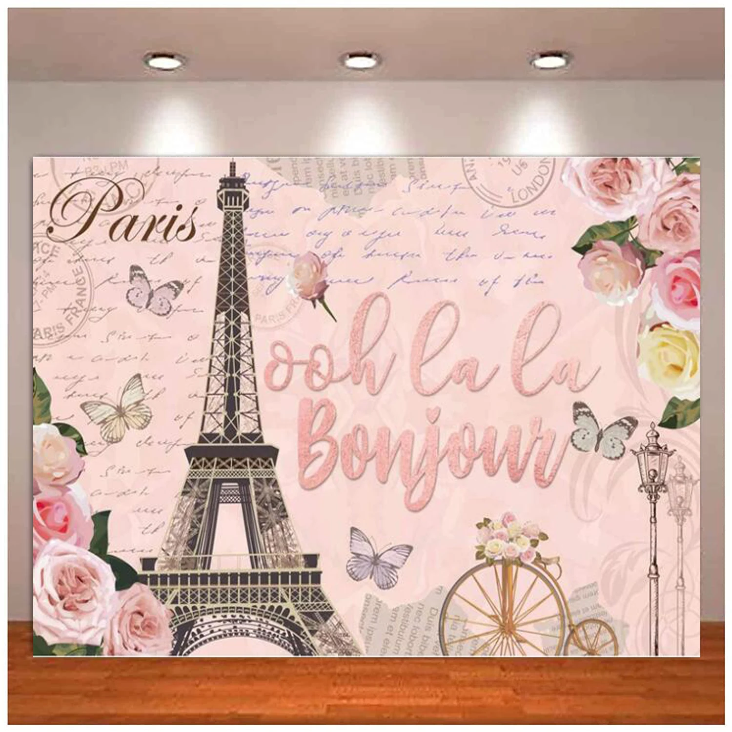 

Paris Photography Backdrop Pink Romantic Ooh la la Eiffel Tower Butterfly Rose Background Girl Birthday Baby Shower Party Decor