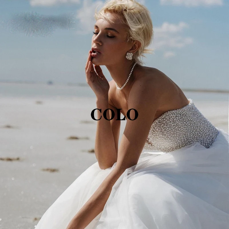 

Свадебные платья принцессы, белое платье невесты с жемчугом, тюлевые платья без рукавов, трапециевидного силуэта с открытой спиной, пляжные...