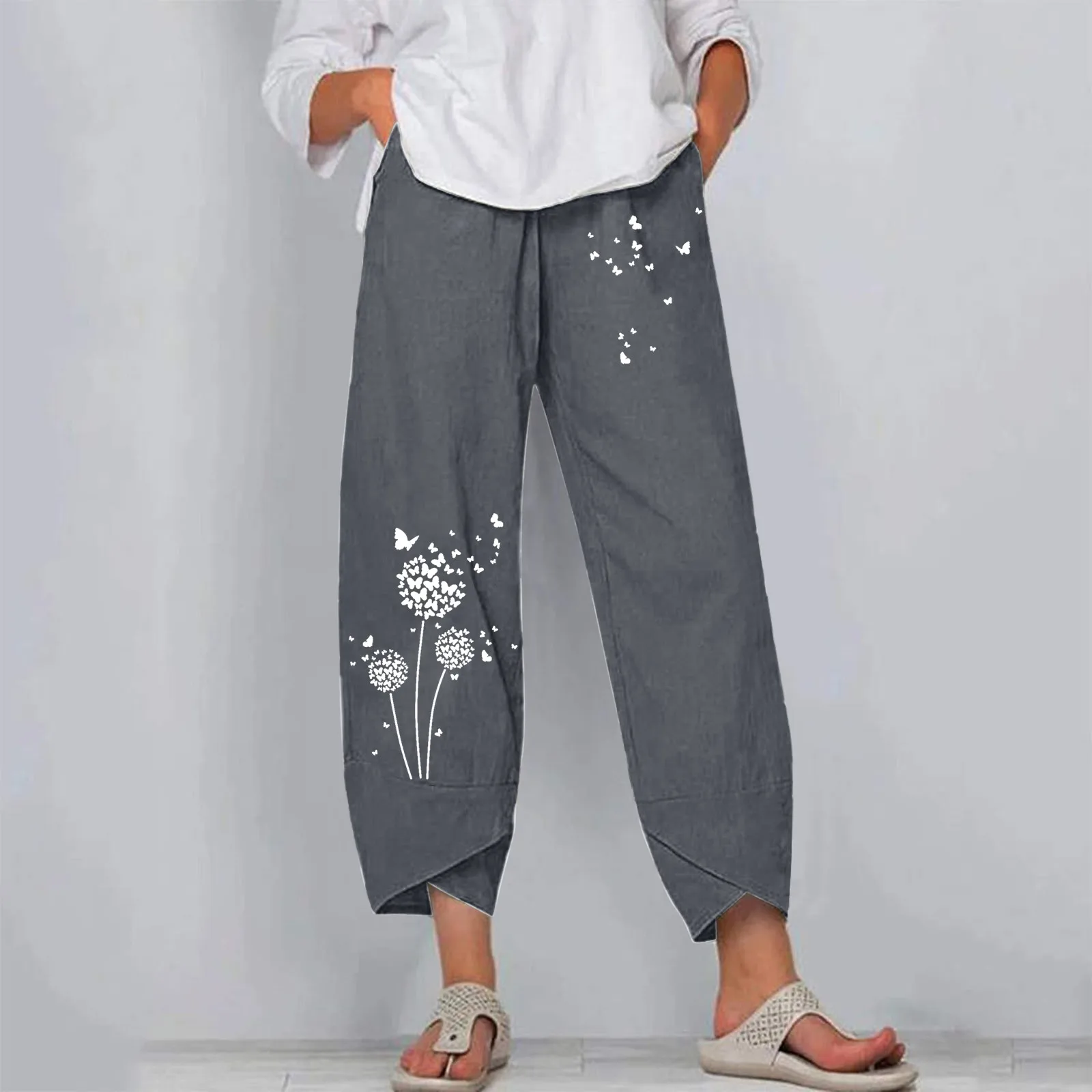 

Pant for Women Casual Summer Pants Ladies Cotton Pocket Printed Linen Elastic Casual Loose Pants Pants Stretch Women