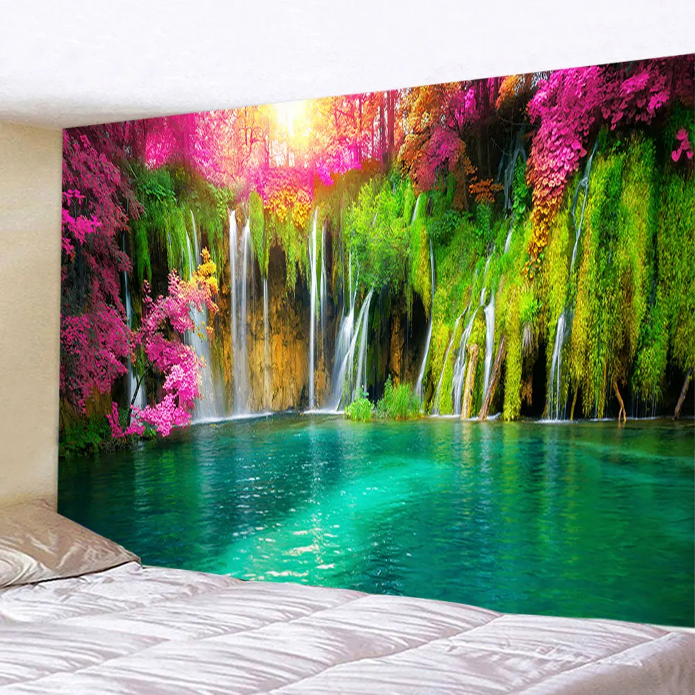 

Forest Waterfall Home Art Tapestry Hippie Lake Wall Hanging Psychedelic Bohemian Tapestries Mat Large Size Sheet Sofa Blanket