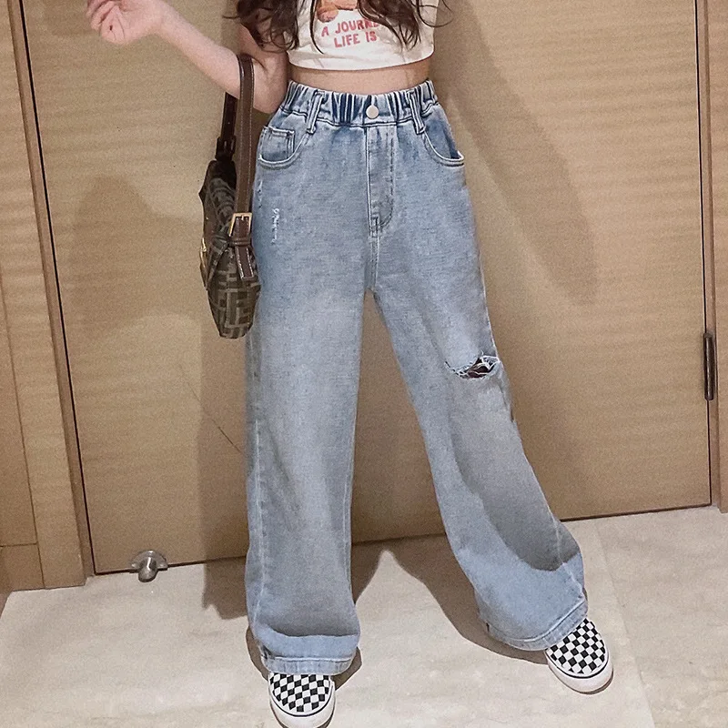 

Spring Girls Clothes Kids Straight Ripped Hole Loose Jeans Elastic Waist Trousers Child Teen Denim Wide Leg Pants 6 8 10 12 14Y