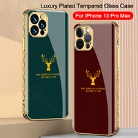 original tempered glass straight frame case for iphone 13 pro max glossy deer elk head plating carving edge hard cover