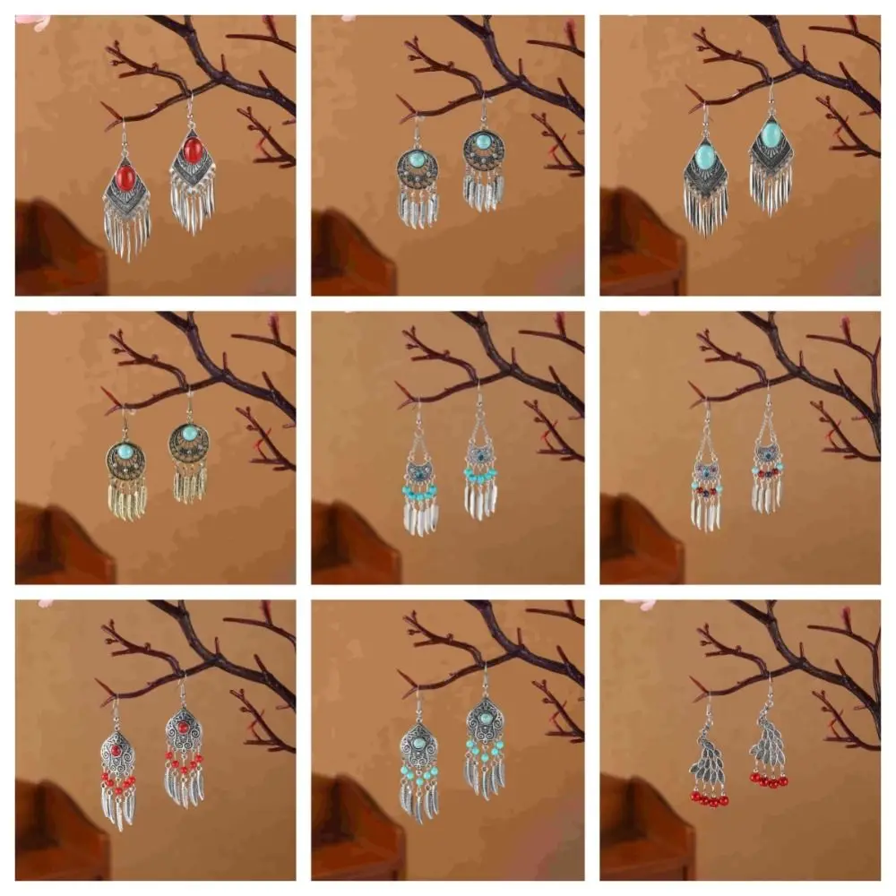 Богемные бирюзовые серьги с кисточками ушные крючки в этническом стиле висячие