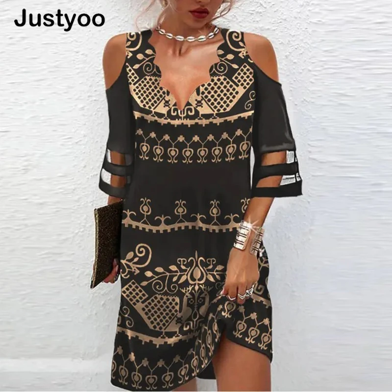 

Women's Summer 2022 Tribal Print Contrast Mesh Cold Shoulder Casual Vacation Mini Dress Bohemian Elegant V-Neck Dress