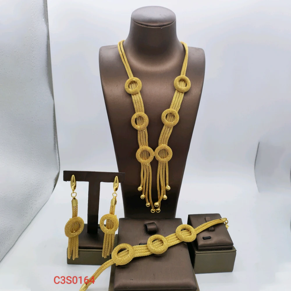 

Gold Color Drop Earrings Necklace Set Fashion Women Dubai African Luxury Long Tassels Earrings Bracelet Italy Party Jewelry Gift