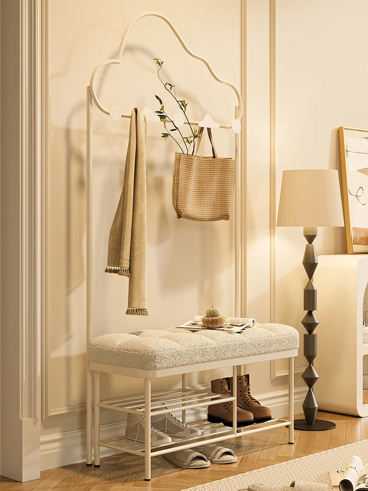 

Cream Style Shoe Changing Stool Lambswool Trending Creative with Coat Rack Footstool Household Entrance Hallway Bench
