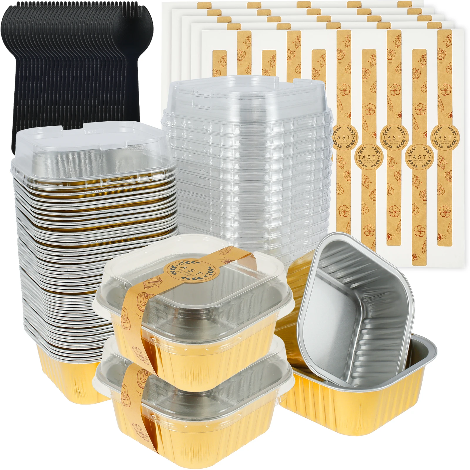 

50Pcs Aluminum Foil Cupcake Cup Non-Stick Foil Baking Cups with Lids and Spoons 150ml/5oz Square Ramekin Pudding Baking Liner