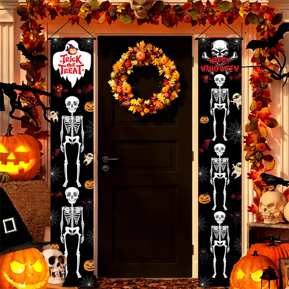 

Pumpkin Skeleton Couple Porch Hanging Banner Ghost Halloween Decoration Door Party Prop Flag Trick Treat Couplet Day Of The Dead