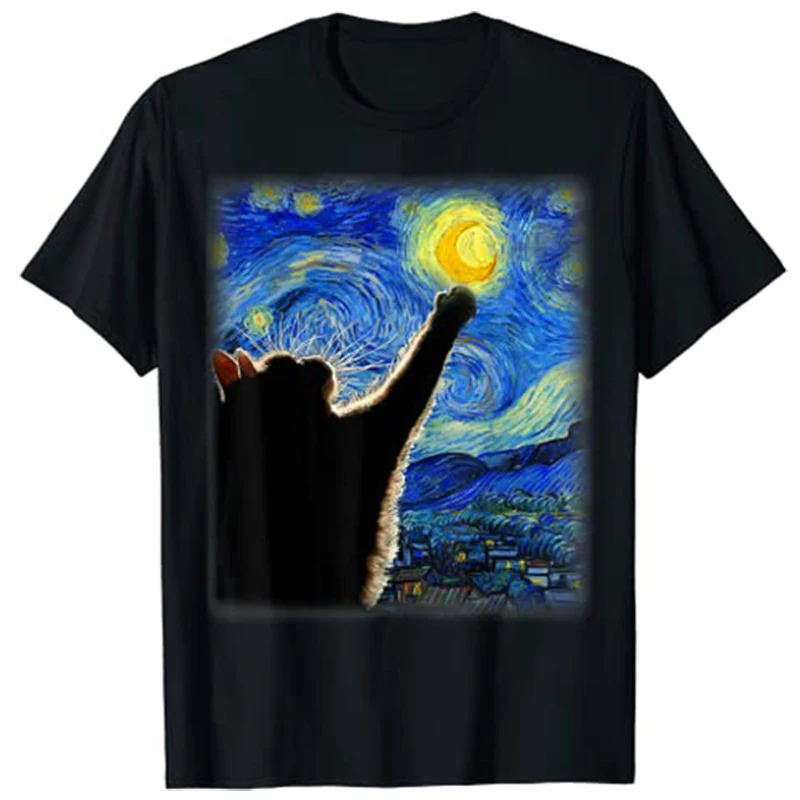 

Starry Night Van Gogh Cat T-Shirt Cat-Lover Aesthetic Clothes Y2k Art Tops Graphic Tee Tops Unisex Short Sleeve Blouses Gifts