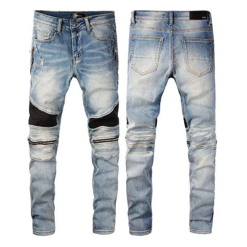 

Новинка 2023, винтажные мужские джинсы в стиле панк, плиссированные дизайнерские брюки на молнии, Мужская Уличная одежда для мотоциклов, джинсовые брюки
