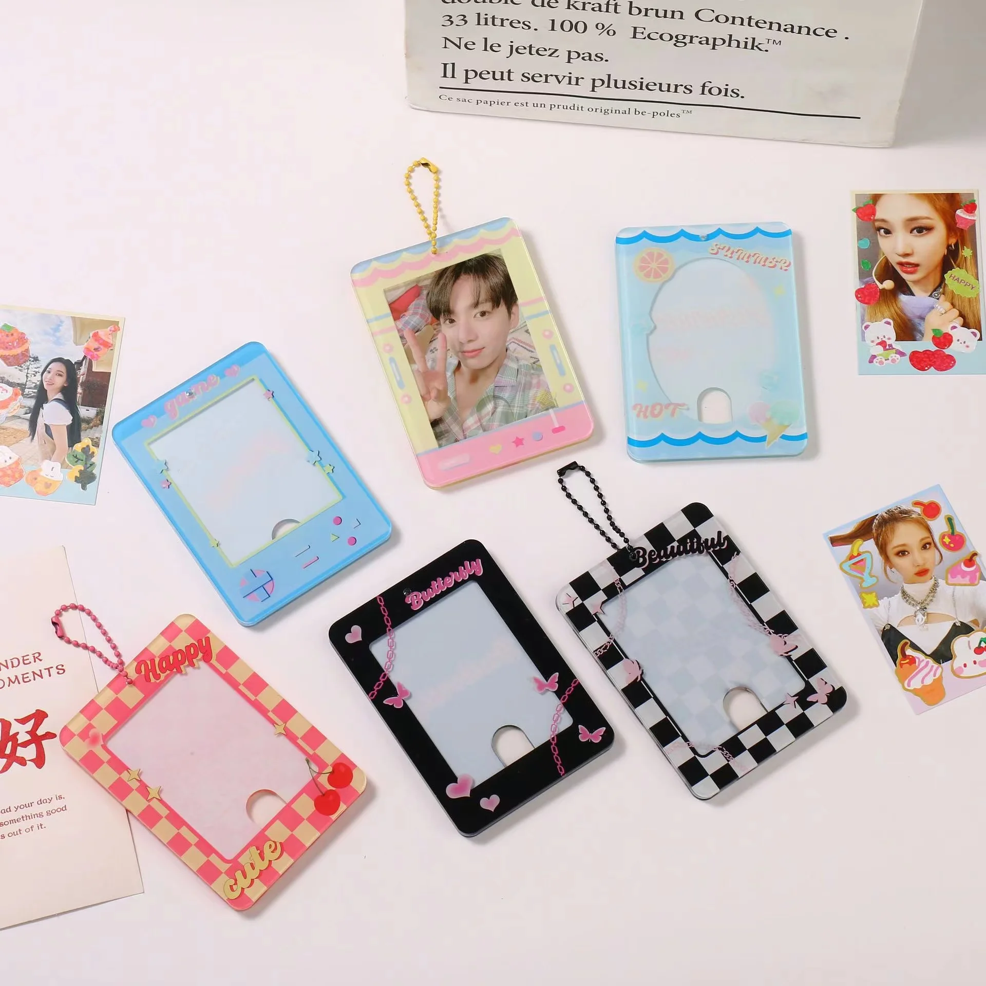 

Checkerboard DIY Photocard Card Holder Case Kawaii Keychain Korea Photo Frame Acrylic Idol Star Chasing Pendant Stationery