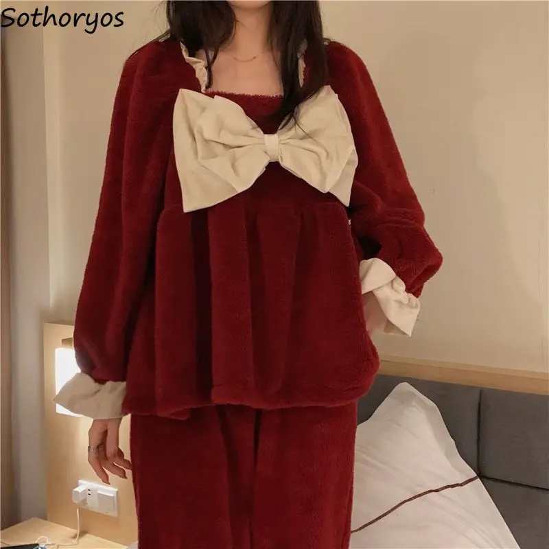 

Sweet Big Bow Pajama Sets Women Thermal Casual Princess Nightwear Loose Square Collar Gentle Kawaii Coral Fleece Mujer Winter