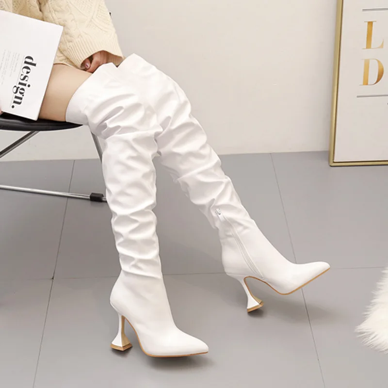 

New Design Pleated Leather Over The Knee Boots Fashion Runway Strange High Heels Sexy Pointed Toe Zip Womans Shoes