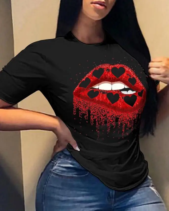 

Valentine's Day Heart Lip Print Casual T-Shirt O-Neck Short Sleeve 2023 Summer Daily Basics Tee Fashion Women's T-Shirt