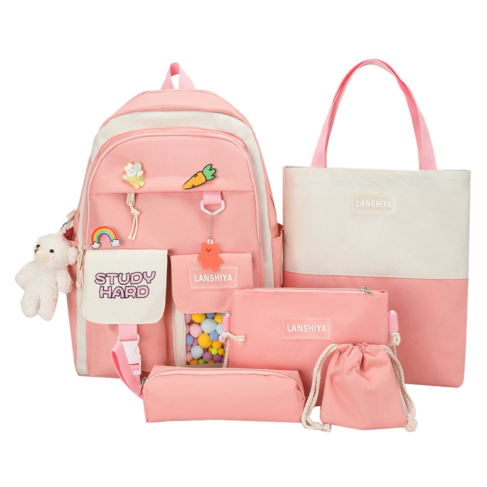 

5 шт., милый школьный рюкзак Kawaii для девочек, детей-подростков, школьная сумка, женские эстетические рюкзаки на плечо, большая вместительная сумка для книг