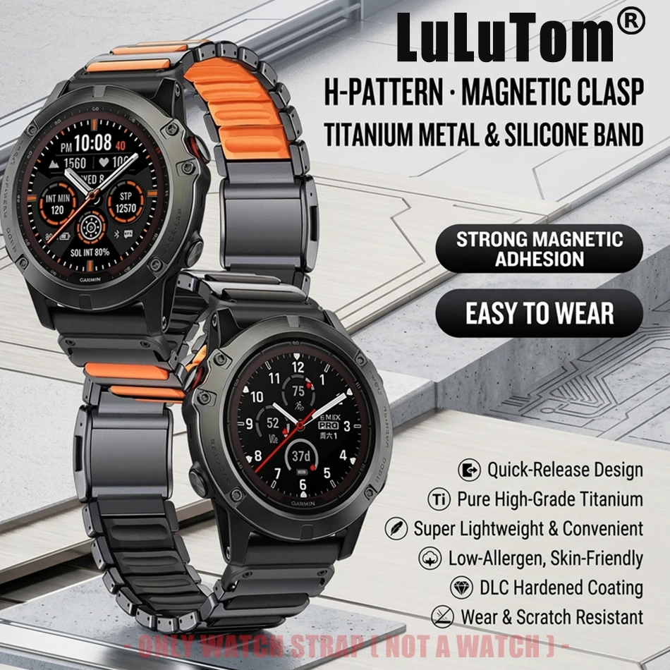 Фото Титановый ремешок для часов Garmin Fenix Tactix 8 7 6 5 X Pro Plus Epix Gen 2 3 Forerunner 955 970, силиконовый магнитный ремешок для мужчин и женщин №1