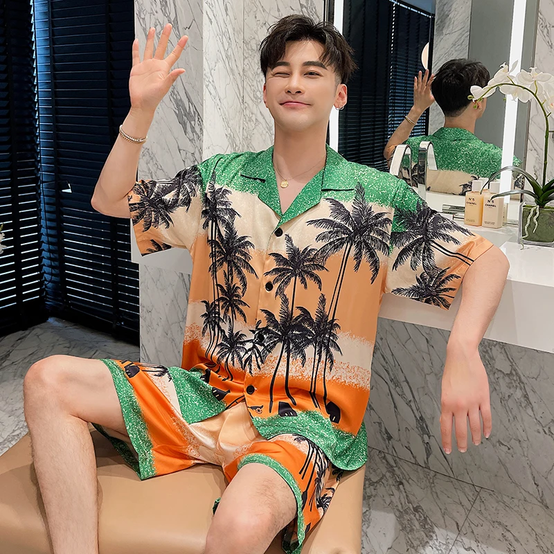 PICKBIRD Summer new ice silk pajamas men's star with the same high-quality thin section simulation silk home clothes