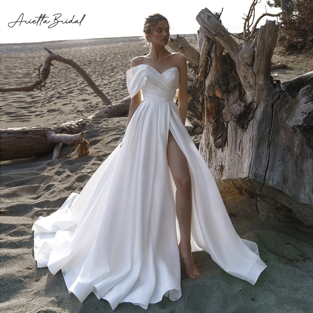 

Arietta Modern Satin Wedding Dresses Sweetheart One Shoulder High Slit A-Line Bridal Gowns Pleated Bow Backless Bride Dresses