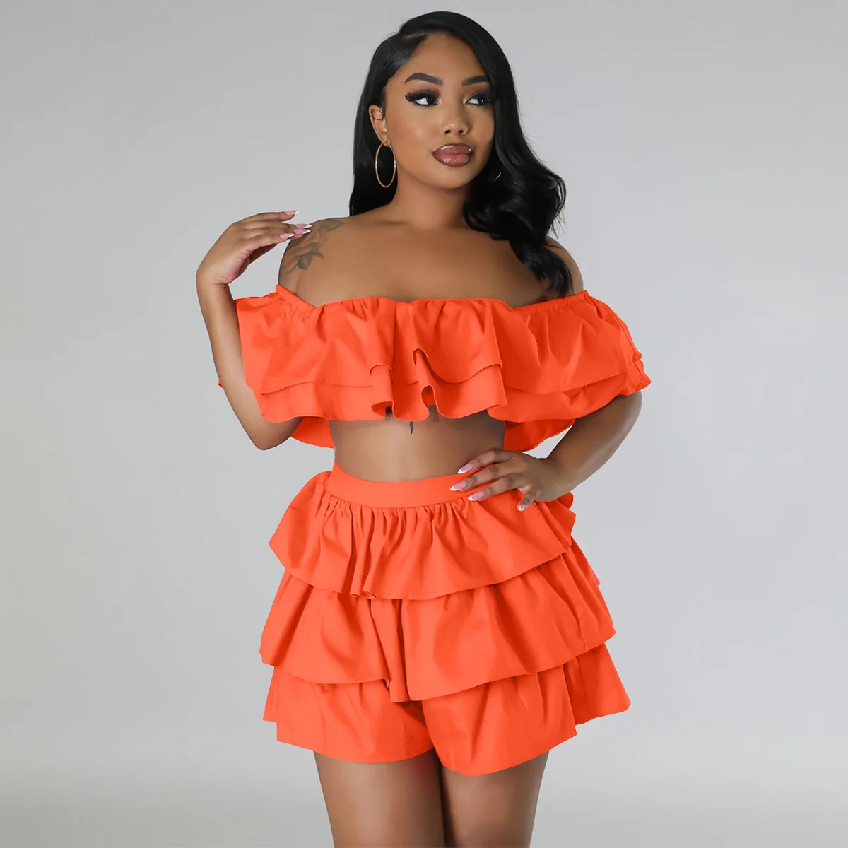 

Модный однотонный комплект из двух предметов, летний женский сексуальный комплект из топа с оборками и юбки, пляжный купальник на молнии, костюм из 2 предметов, 2023