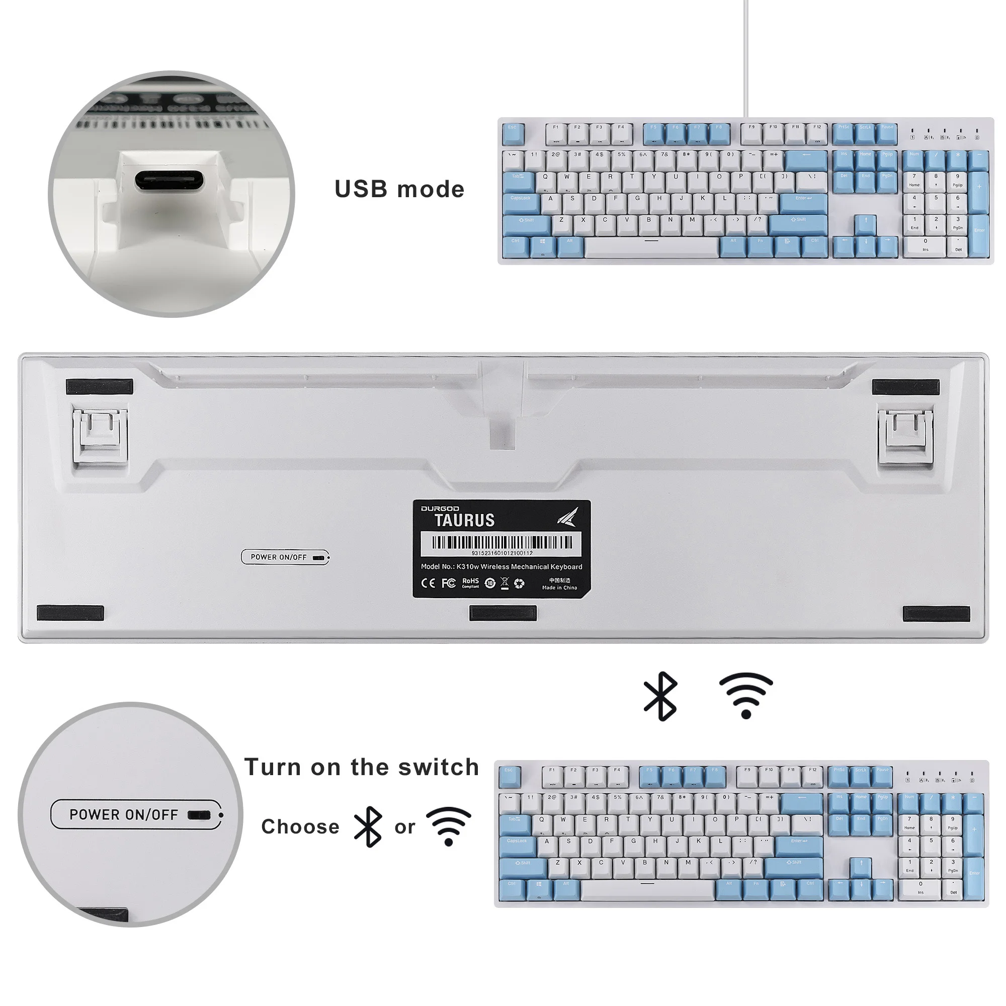 Durgod K310W Mechanical Keyboard Wireless Bluetooth Three -mode 104-key Cherry MX Switch Gaming Keyboard images - 6