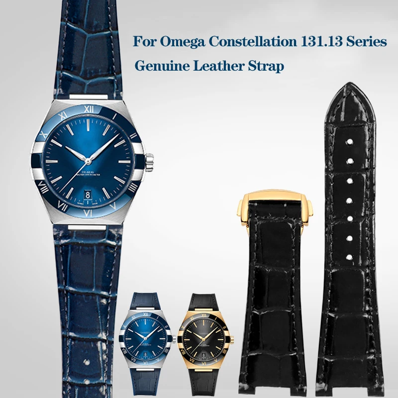 Genuine Leather Watchband For Omega Constellation 131.33 Series Strap 131.13 Blue Notch 25x13mm 25x14mm Business Watch Bracelet