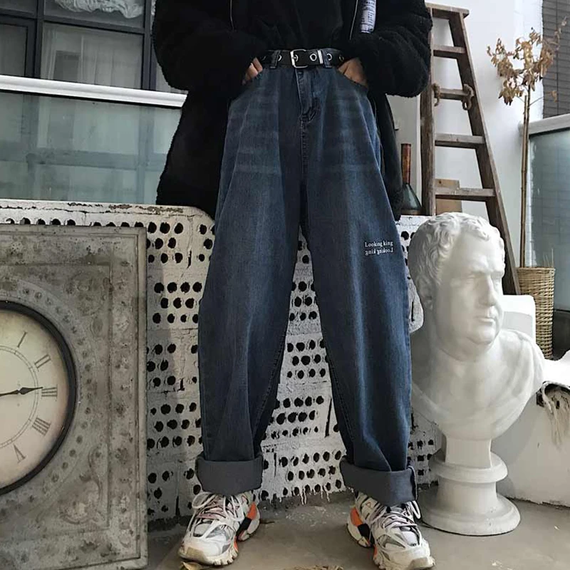 

Модные синие прямые джинсы в Корейском стиле Харадзюку с надписью, широкие брюки с высокой талией, повседневные уличные мешковатые джинсов...