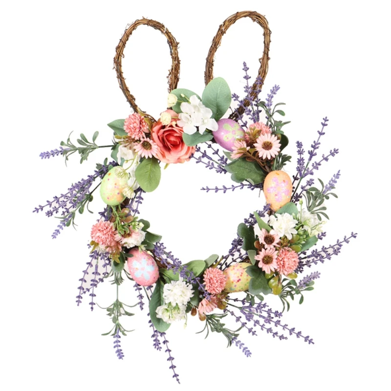 

Cute Bunny Egg Easter Wreath LED Light Simulation Lavender Garland Front Foor Decoration Wreath with Green Leaves
