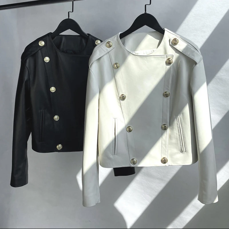 Women Real Sheepskin Jackets Coats Double Breasted Motorcycle Solid Slim Crop Jackets Metal Rivets Design 2022 Autumn TF5009
