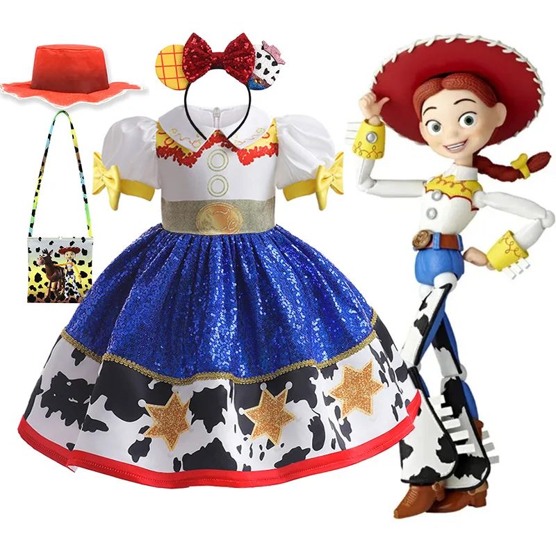 

Disney Toy Story Girls Jessie Dress Up Costume Children Woody Cosplay Vest+Shirt+Pants Clothes Kids Party With Hat Scarf Dresses