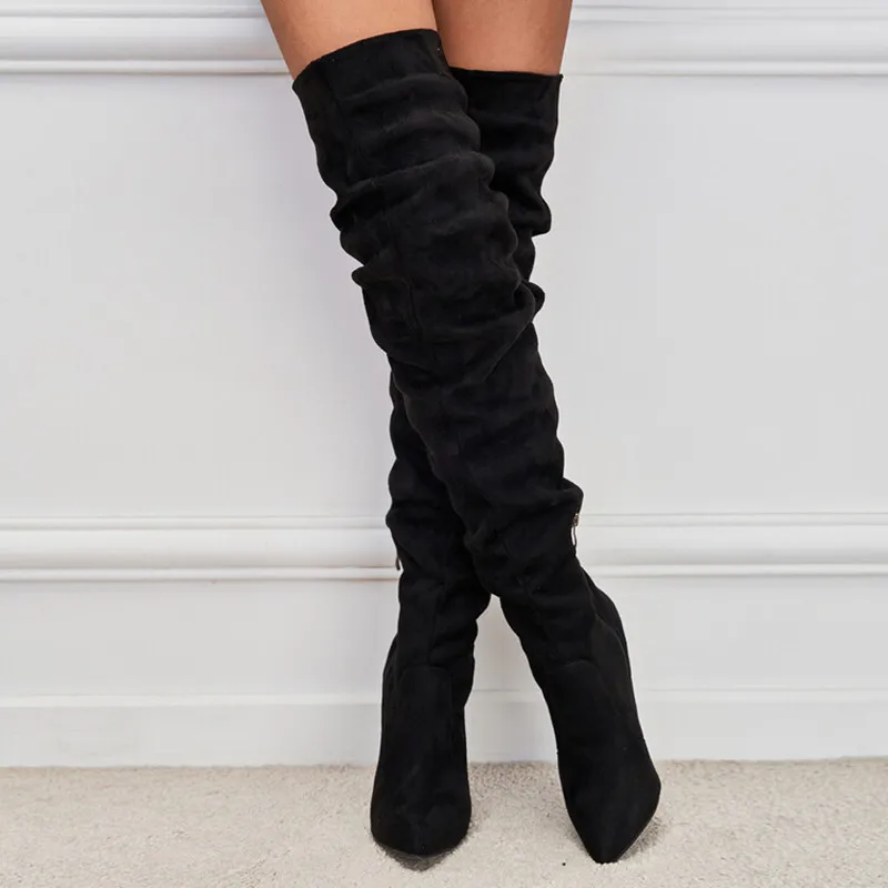 

Ladies Over Knee Thigh Boots Stovepipe Crinkled Stiletto High Boots Elastic Bra Chain Pointed Toe High Heel Women's Boots