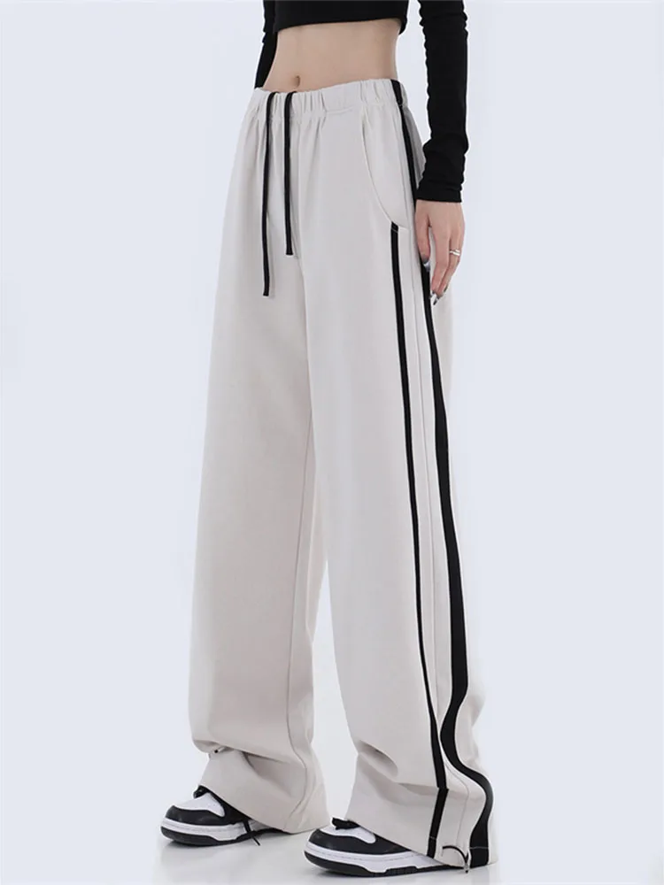 

Women Wide Leg Loose Jogging Trousers Casual Fashion Elastic High Waist Pants 2022 Autumn Side Striped Apricot Yellow Sweatpants