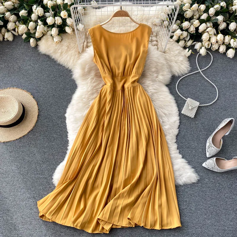 

Платья для женщин, Новинка лета 2022, темпераментное облегающее женское платье средней длины с О-образным вырезом, плиссированное платье-жиле...