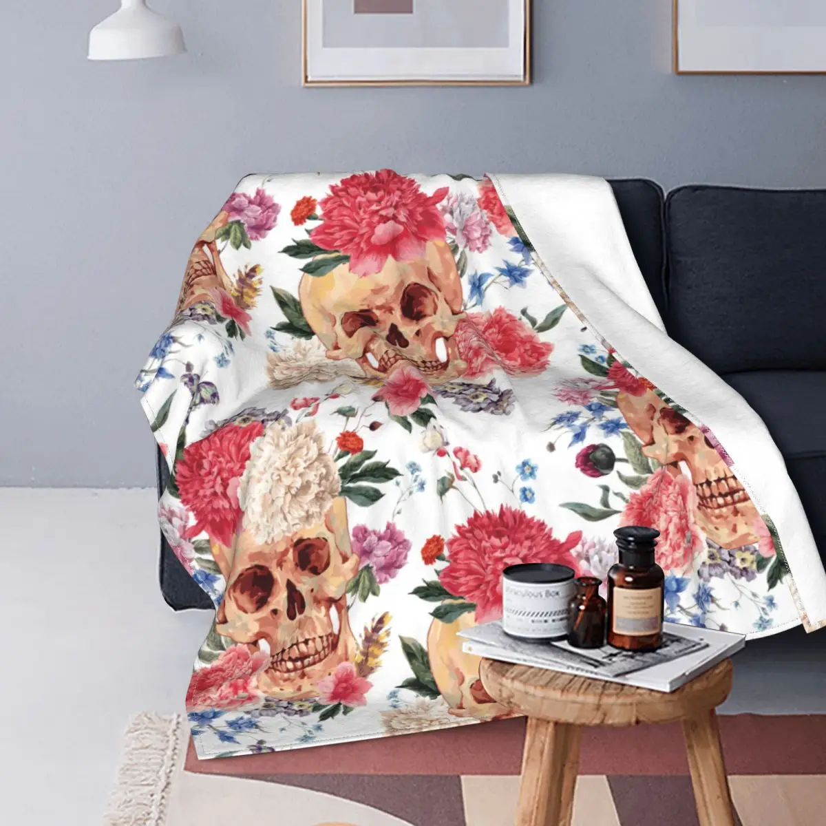 

Винтажное модное портативное теплое Флисовое одеяло с цветочным рисунком черепа пиона