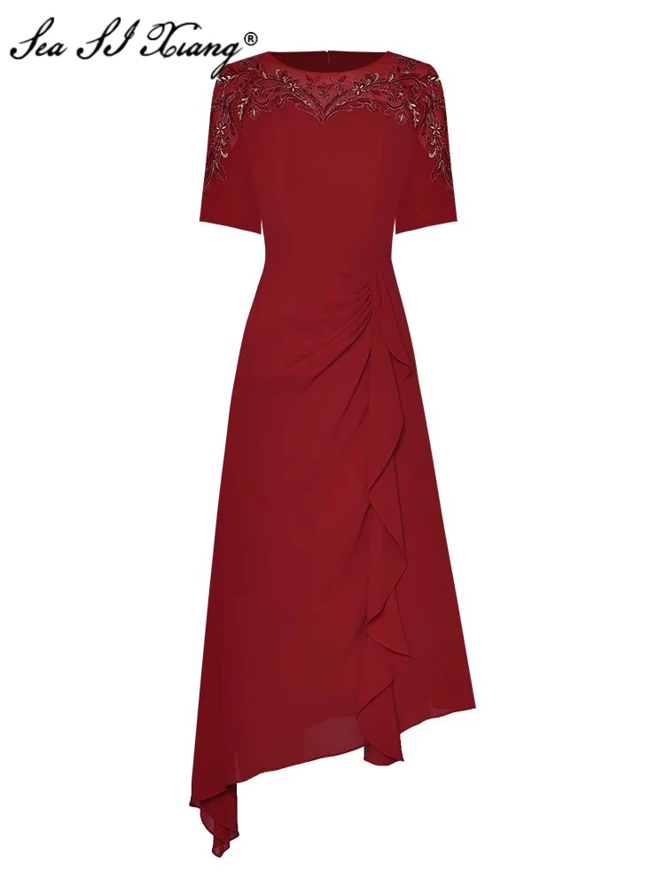 

Seasixiang Fashion Designer Summer Dress Women O-Neck Short Sleeve Mesh Embroidery Ruffle Solid Color Asymmetrical Dresses