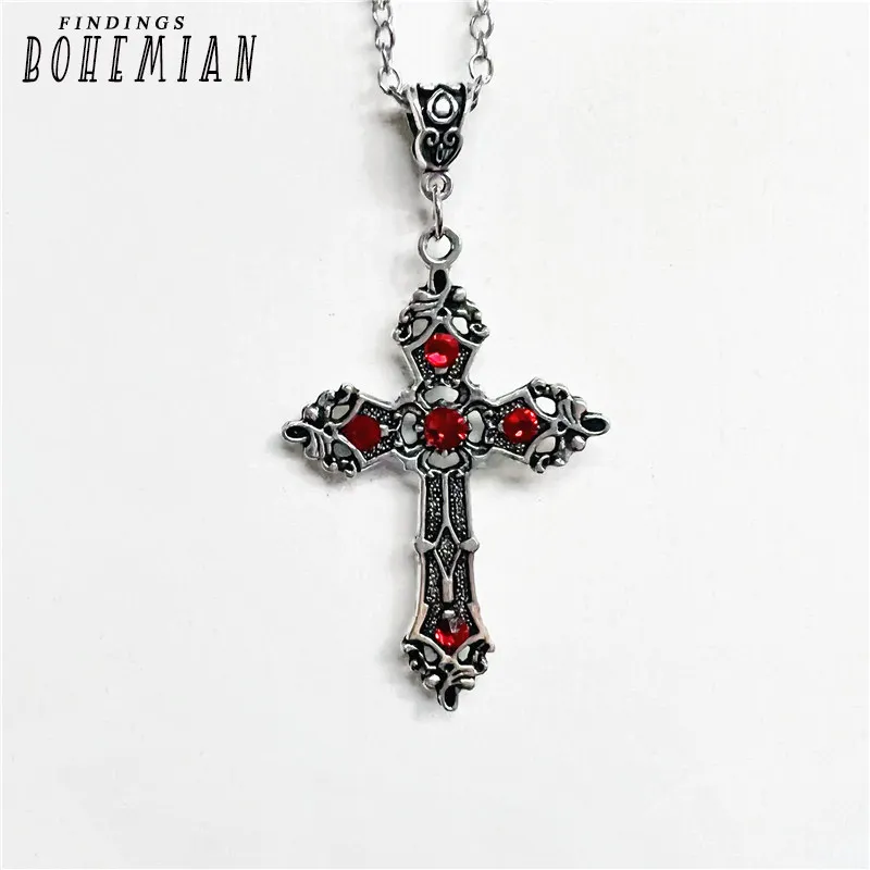 

Large Baroque Christian Cross Necklace Silver Color with Crystals,Gothic Crucifix and Easter Jewelry,Unisex Bejeweled Crucifix