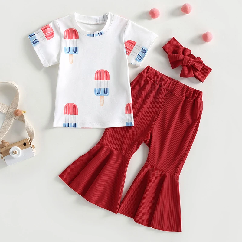 

3Pcs Summer Baby Girl Clothes Sets Infant Newborn Short Sleeve T-shirt Tops Red Long Pants with Headband Solid Clothing Outfit