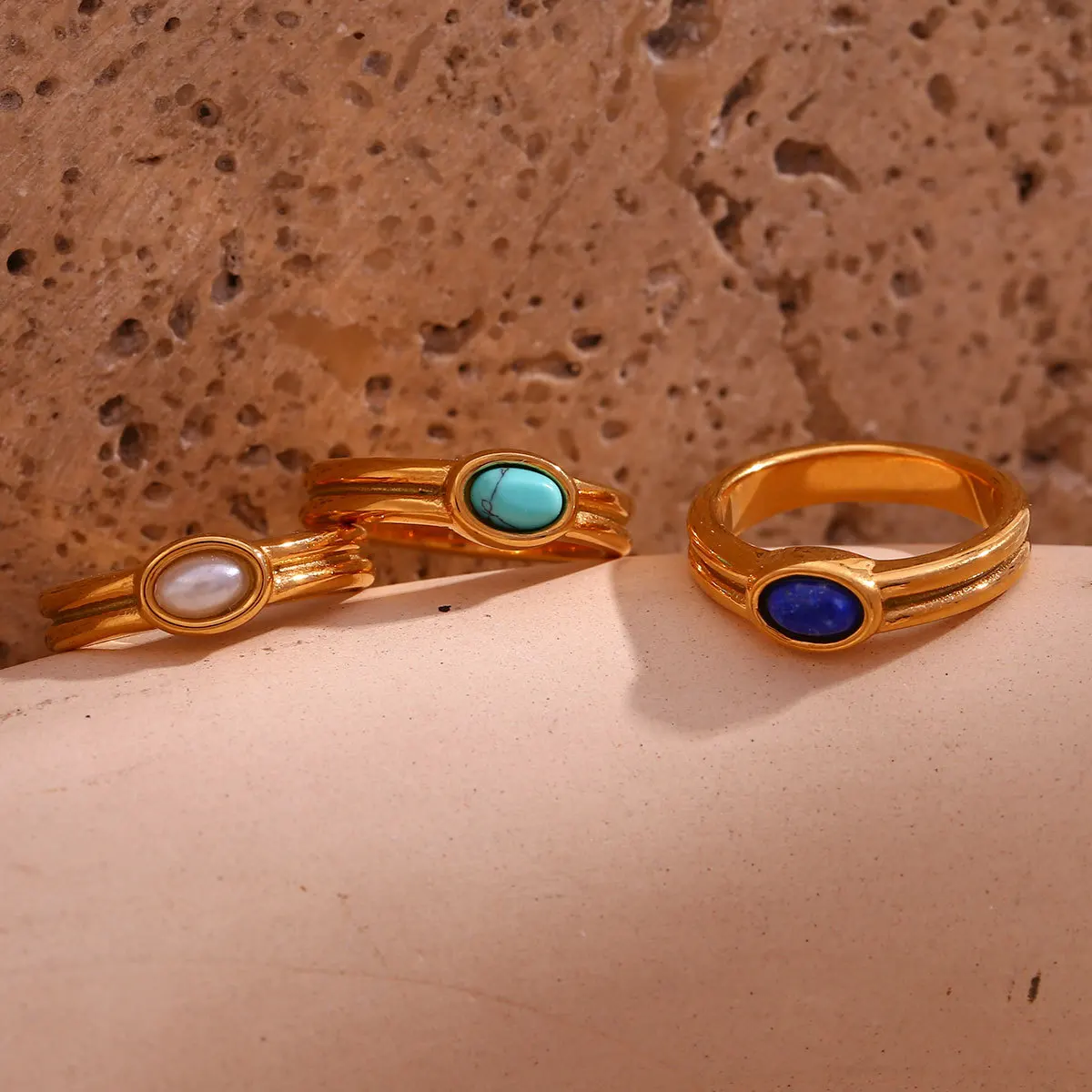 

Stainless Steel Fashion Transverse Striped Natural Stone Ring for Women Waterproof Gold Plated Jewelry Gift