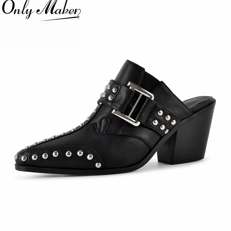Фото Onlymaker Туфли-мюли в западном стиле с заостренным носком, заклепками, металлической пряжкой, без задника, на каблуке 7,5 см, в стиле панк-ковбой. №1