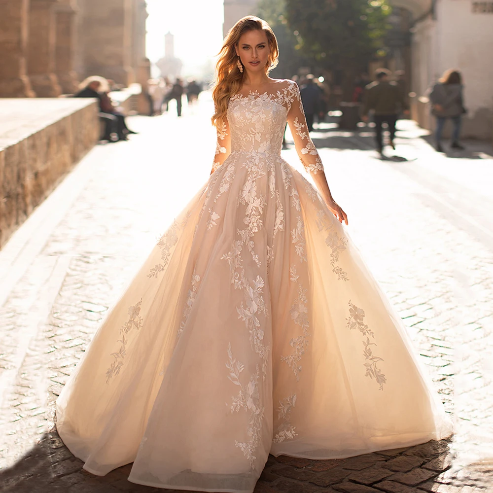 

Jiayigong 3/4 Sleeves Lace Wedding Dress Back Lace-up Elegant Scoop Neck Applique Sweep Train A Line Women Bride Bridal Gown