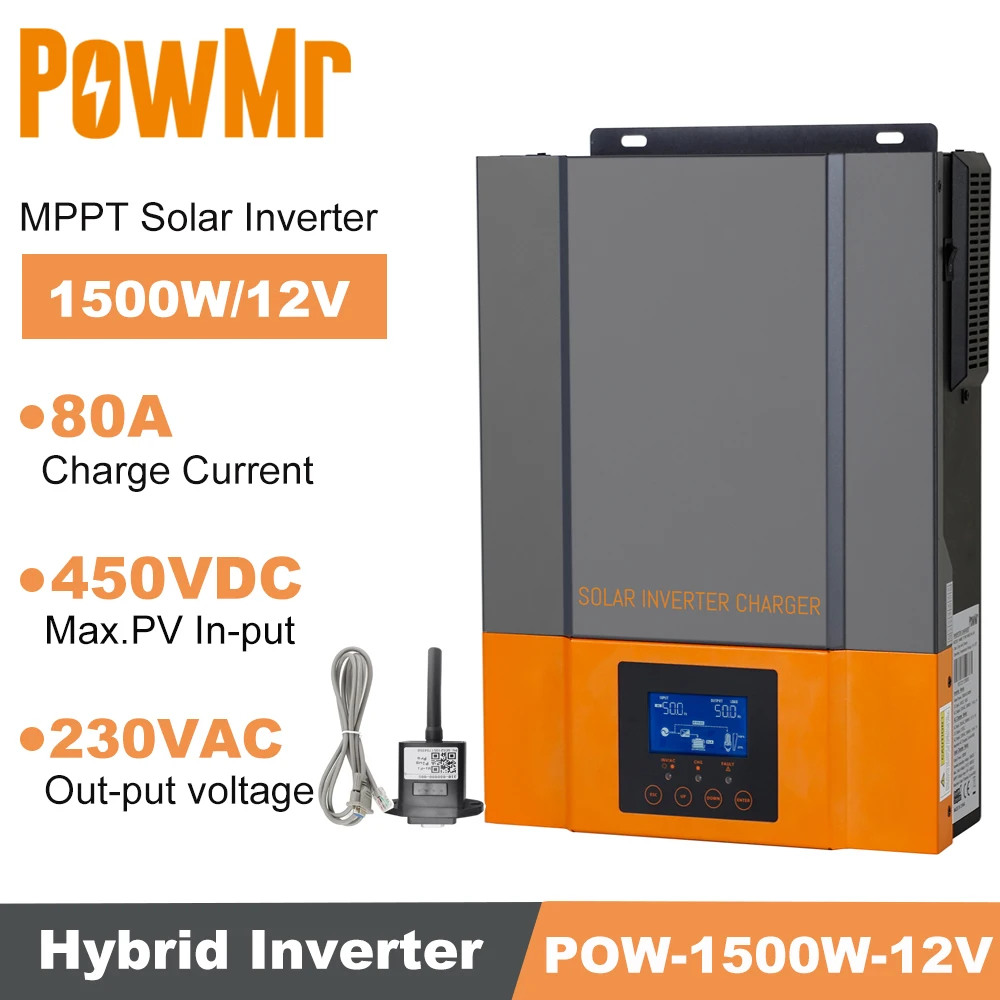 

PowMr Support WIFI Module 1500W 12V MPPT 80A Pure Sine Wave Solar Charger 230VAC Output with 450VDC Max PV Hybrid Inverter