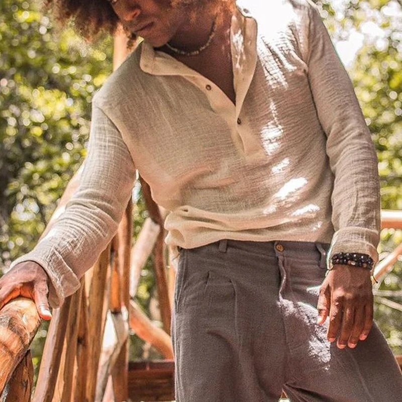 

Рубашка мужская однобортная из хлопка и льна, винтажная блуза с длинным рукавом, свободная повседневная сорочка, простой модный однотонный топ