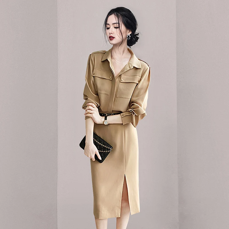 

Fashion Vintage Office Work Two Piece Set For Women Lapel Long Sleeve Shirt + High Waist OL Skirts Suit Females 2022 New
