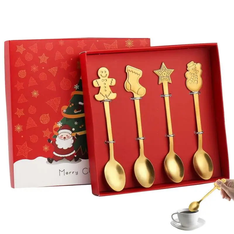 Christmas Spoon Gift Set Stainless Spoons Set 4 Pieces Tea Spoons Soup Spoon Cute Eating Utensils Flatware Sets With Gift Box