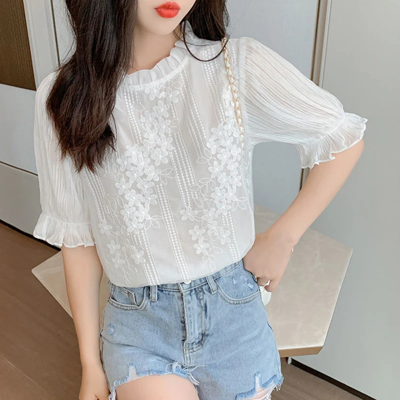 

Lucyever Elegant White Short Sleeve Blouse Women Embroidery Lace Chiffon Blouses Woman Korean Style Summer Shirts Tops Ladies