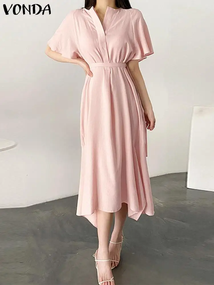 

VONDA Women Elegant Shirt Dress 2023 Summer Dress Short Sleeve Belted Asymmetrical Party Sundress Casual Solid Color Midi Robe