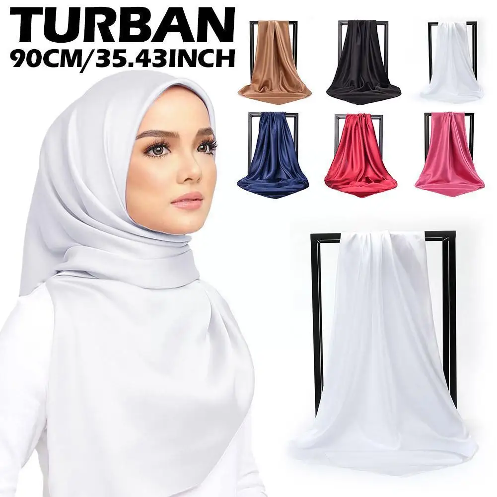

90CM Solid Color Square Scarf Silk Satin Headband Hair Scarves Head Scarf Square Turban Muslim Shawls Ethnic Female Scarfs Z2V9