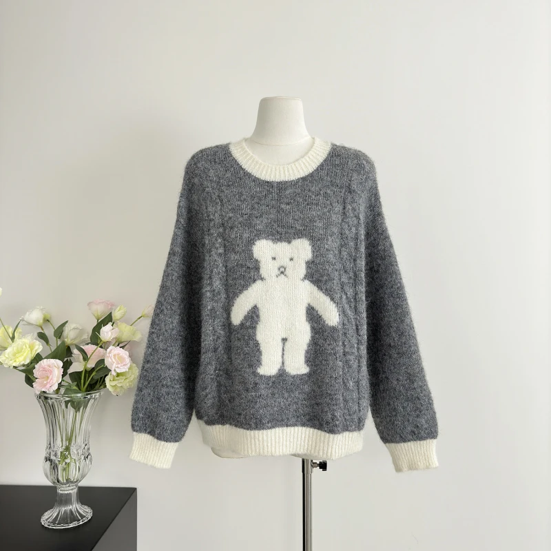 Женский свитер с милым медведем и круглым вырезом зимний топ длинными рукавами Y2K