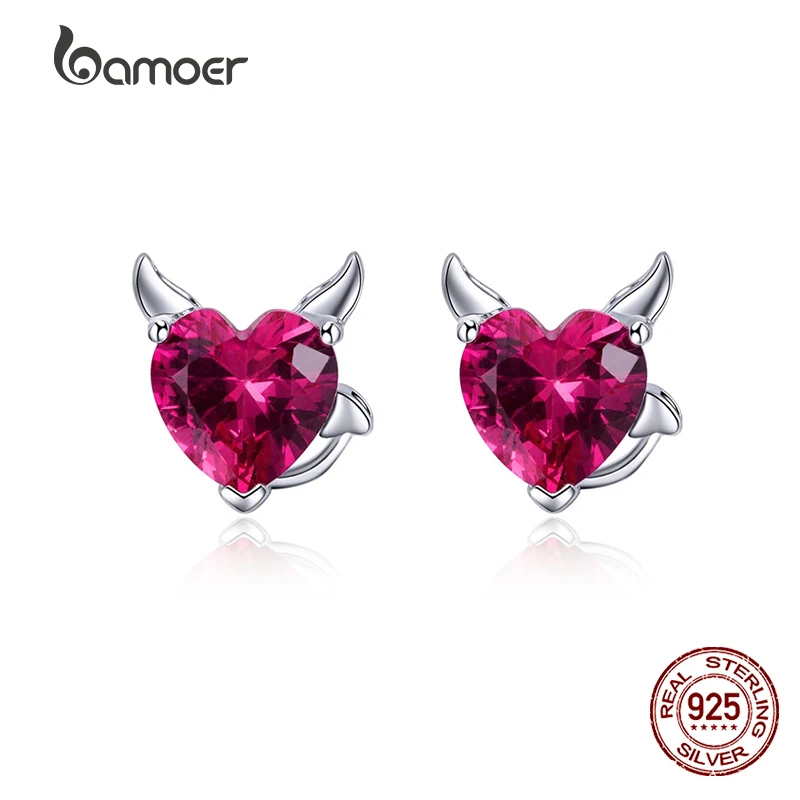 BAMOER Fashion 925 Sterling Silver Angel And Devil Pink CZ Heart Stud Earrings for Women Sterling Silver Jewelry Girl's Party