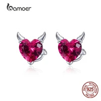 bamoer fashion 925 sterling silver angel and devil pink cz heart stud earrings for women sterling silver jewelry girls party