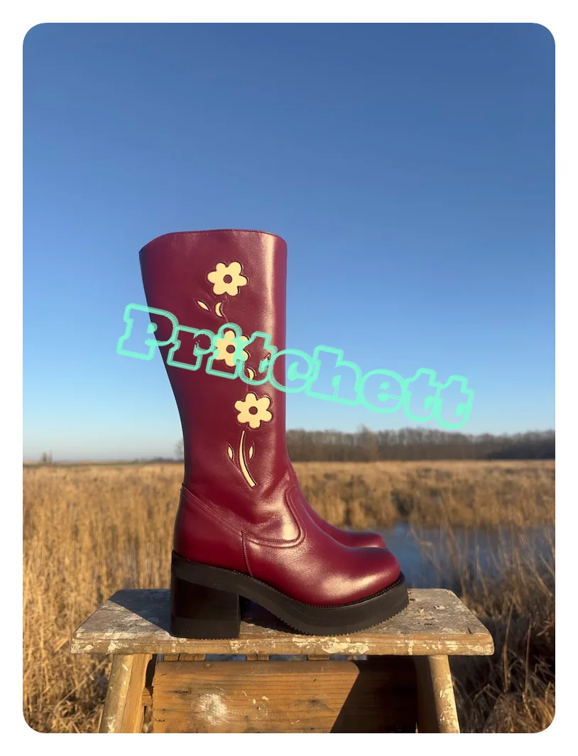 Красные кожаные сапоги до колена с цветами на платформе боковой молнией и